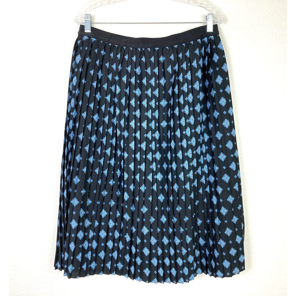 Dip Pleated Midi Skirt Size L Black Blue Lightweight Lined Elastic Waistband